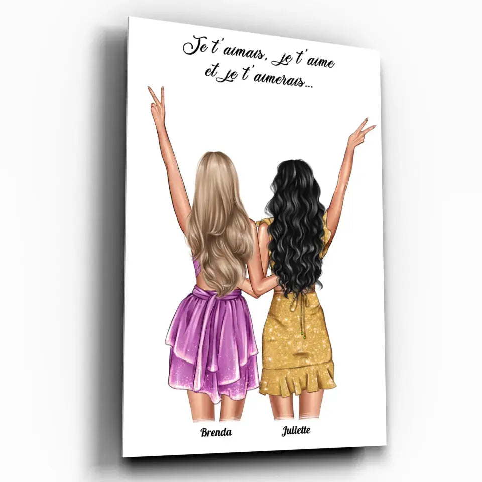 Affiche personnalisée couple de femmes, exemple avec prénoms différents, cadre mural