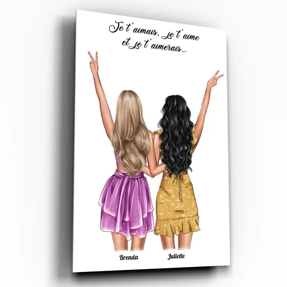 Affiche personnalisée couple de femmes, exemple avec prénoms différents, cadre mural