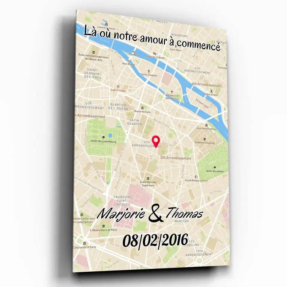 Affiche personnalisée maps style cadre total, exemple avec prénoms différents, plan de ville