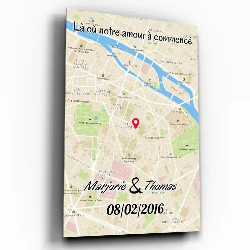 Affiche personnalisée maps style cadre total, exemple avec prénoms différents, plan de ville