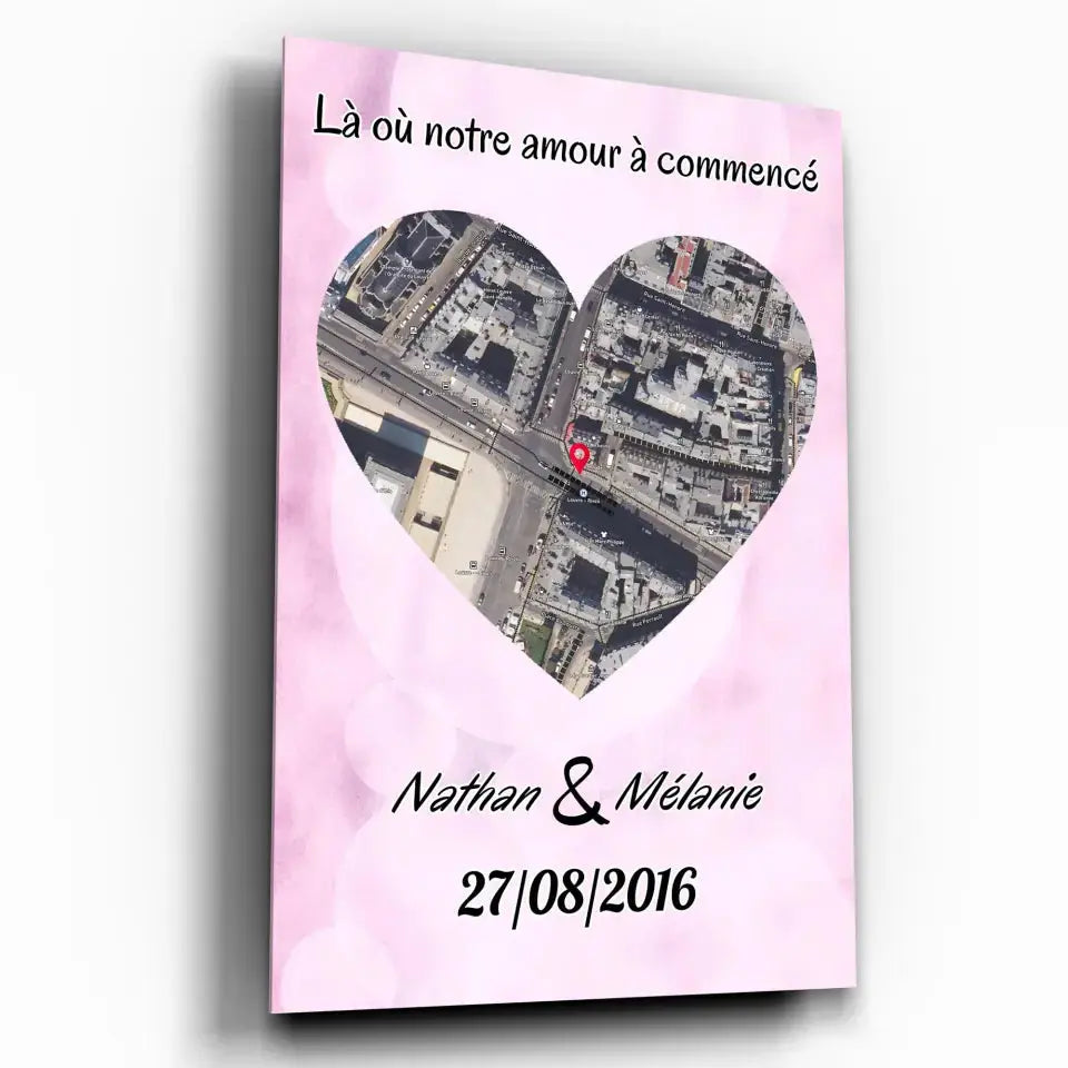 Affiche personnalisée maps style cœur, exemple avec prénoms différents, plan de ville