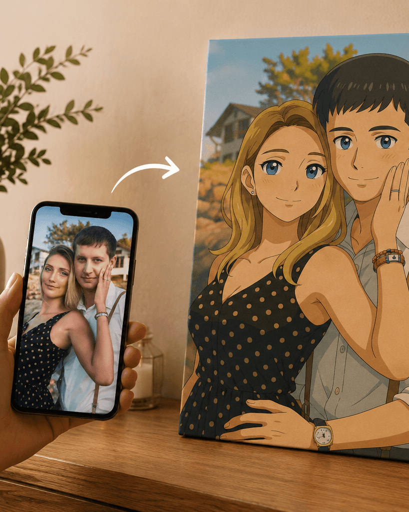 Photo d'un couple sur un smartphone transformée en tableau personnalisé