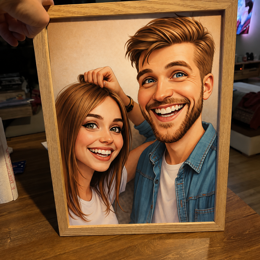 Portrait de couple personnalisé en caricature dans un cadre en bois, photo d'un client