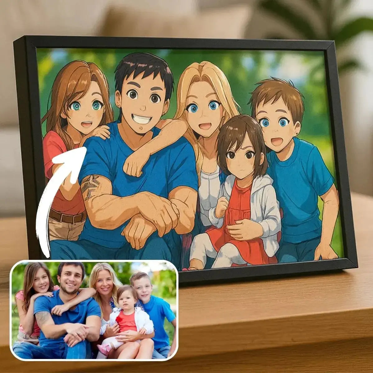 Portrait de famille personnalisé style anime japonais manga dans un cadre noir posé sur un meuble