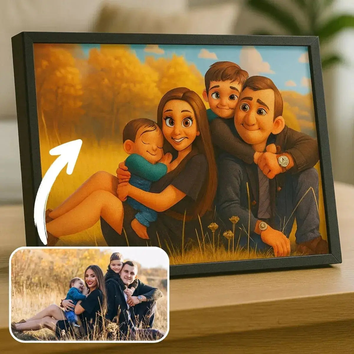 Portrait de famille personnalisé style anime Pixar 3D dans un cadre noir posé sur un meuble