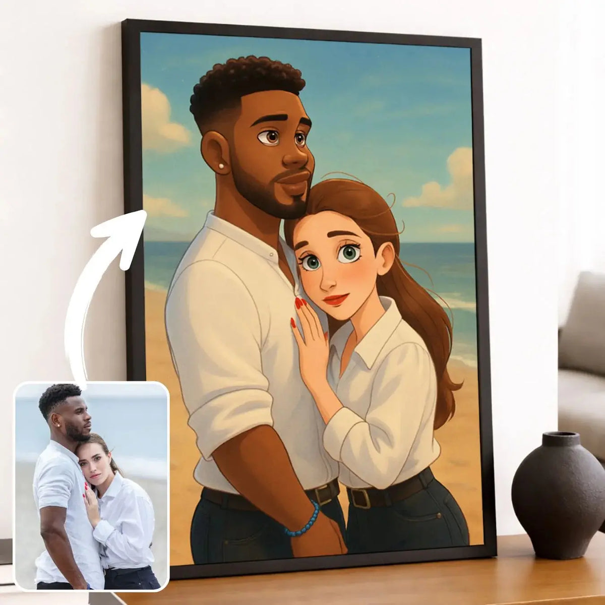 Portrait de couple personnalisé style Disney dans un cadre noir, sur un meuble avec vase noir et livres