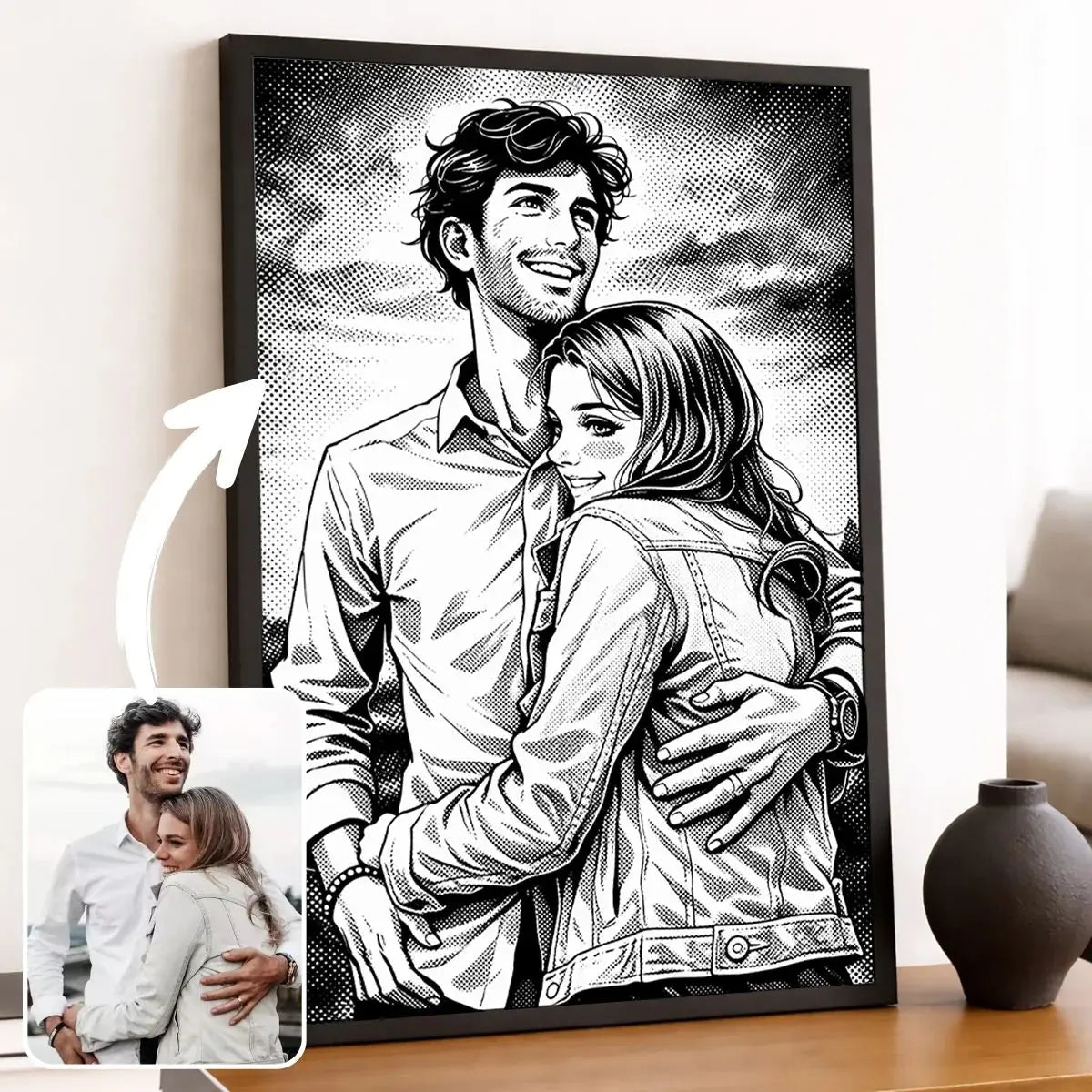 Portrait de couple personnalisé style manga rétro noir et blanc dans un cadre noir, photo transformée en illustration