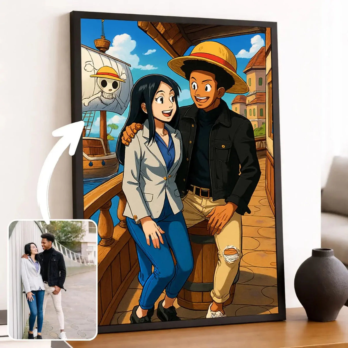Portrait de couple personnalisé style One Piece dans un cadre noir, photo transformée en illustration
