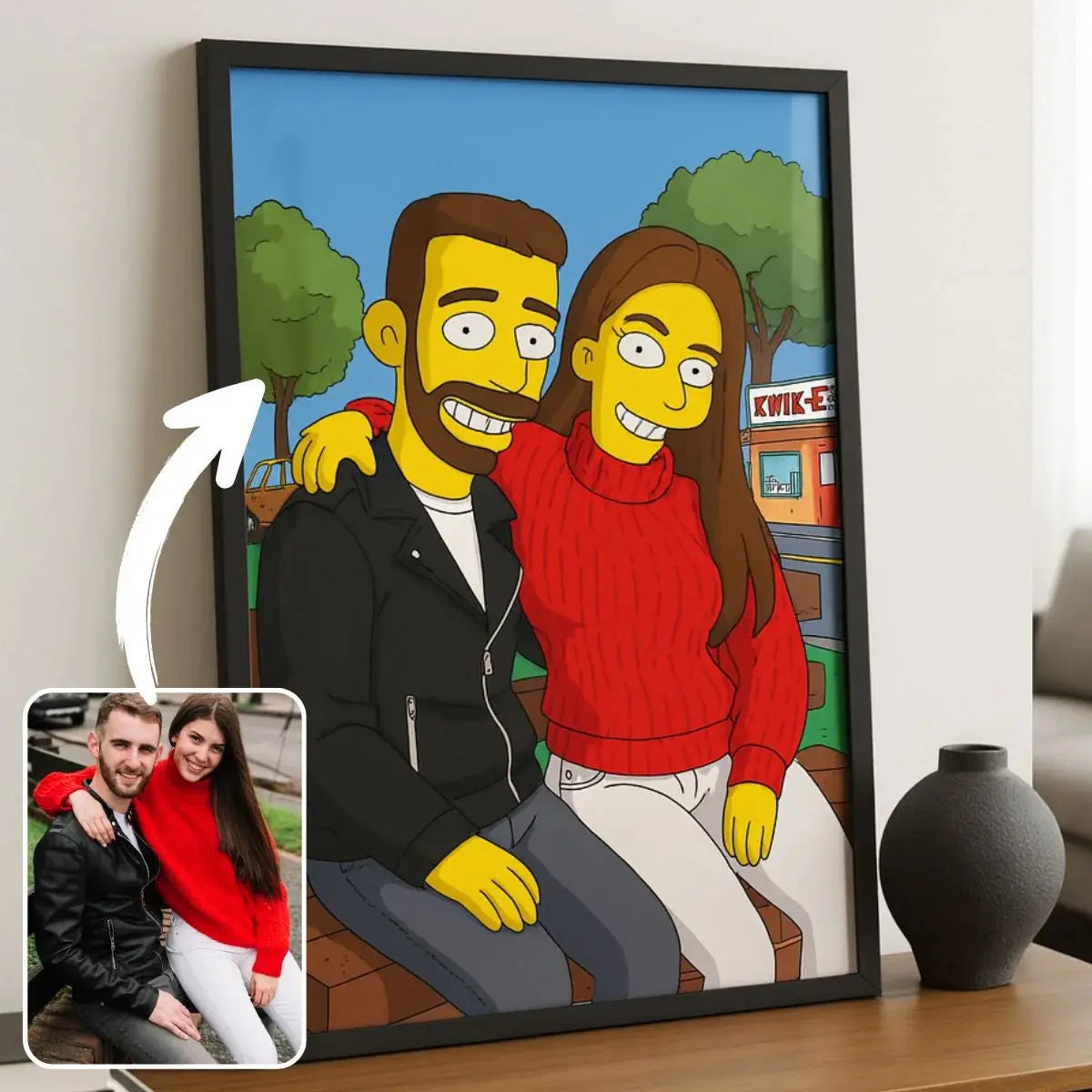 Portrait de couple personnalisé style Simpson dans un cadre noir, photo transformée en illustration