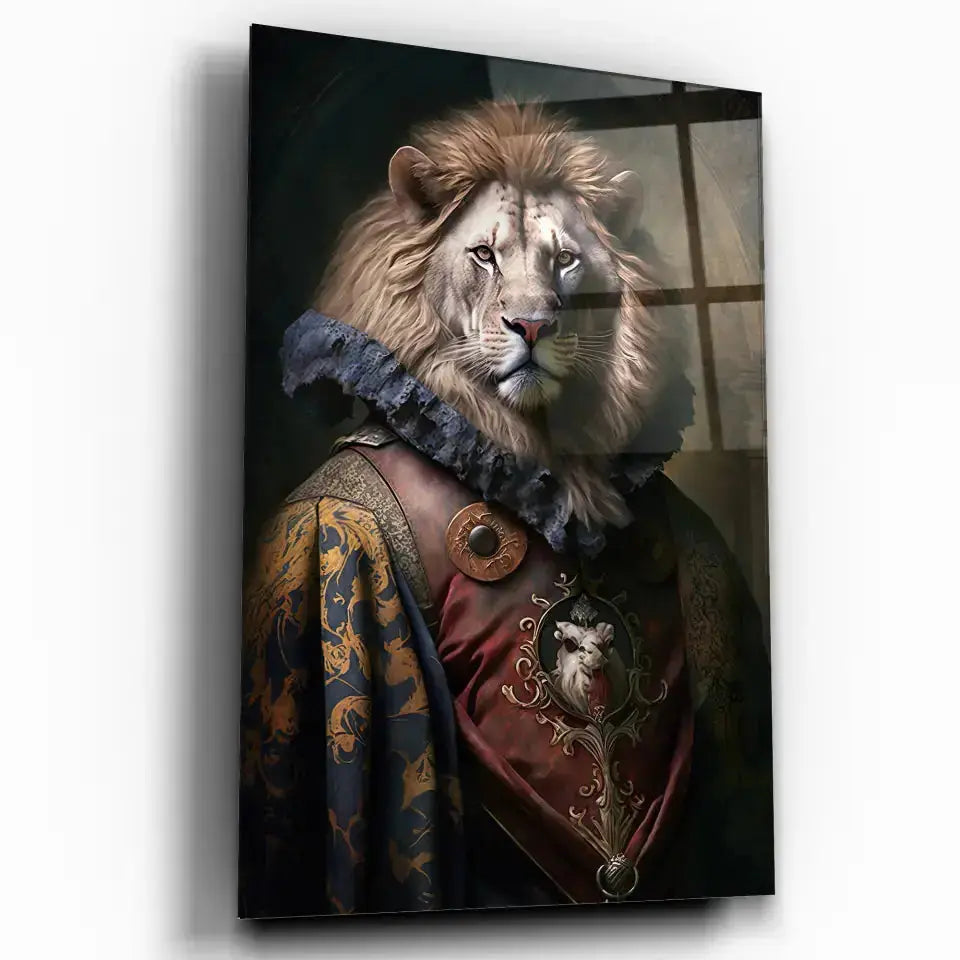 Tableau Aristocratique Lion Royal en Tenue d'Époque en verre acrylique, vue inclinée sur fond blanc