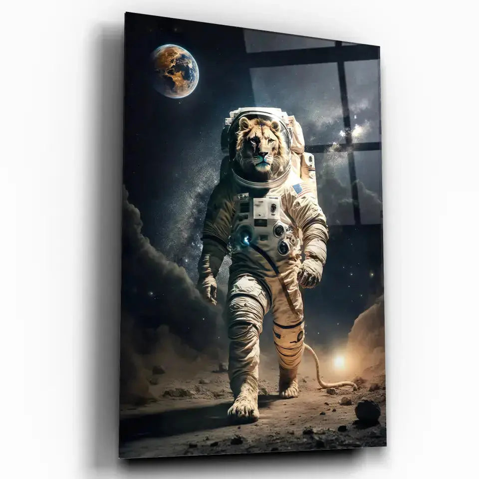 Tableau Cosmique Lion Astronaute en verre acrylique, vue inclinée sur fond blanc