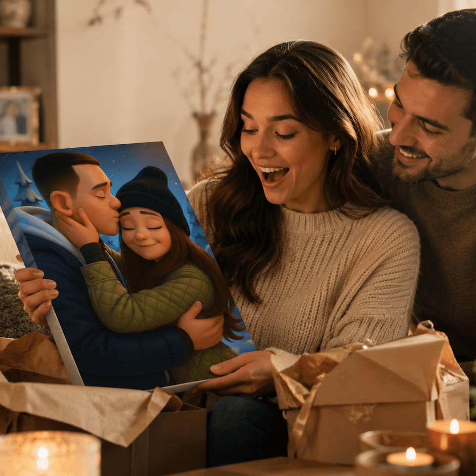 Femme recevant un tableau couple personnalisé en cadeau, illustration style film d'animation