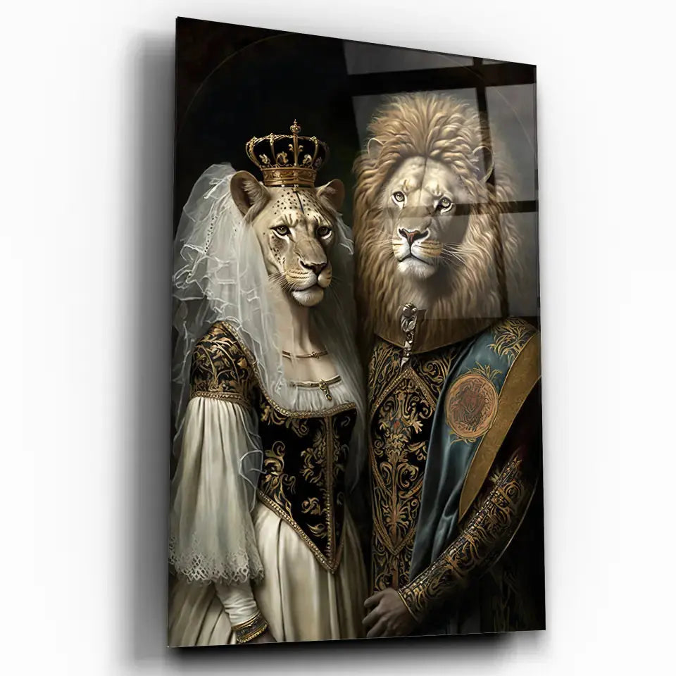 Tableau de Mariage Royal Lion et Lionne en verre acrylique, vue inclinée sur fond blanc