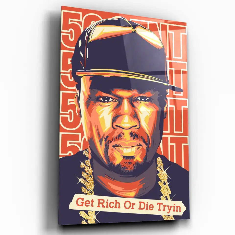 Tableau Décoratif 50Cent Get Rich Or Die Tryin en verre acrylique, vue inclinée sur fond blanc
