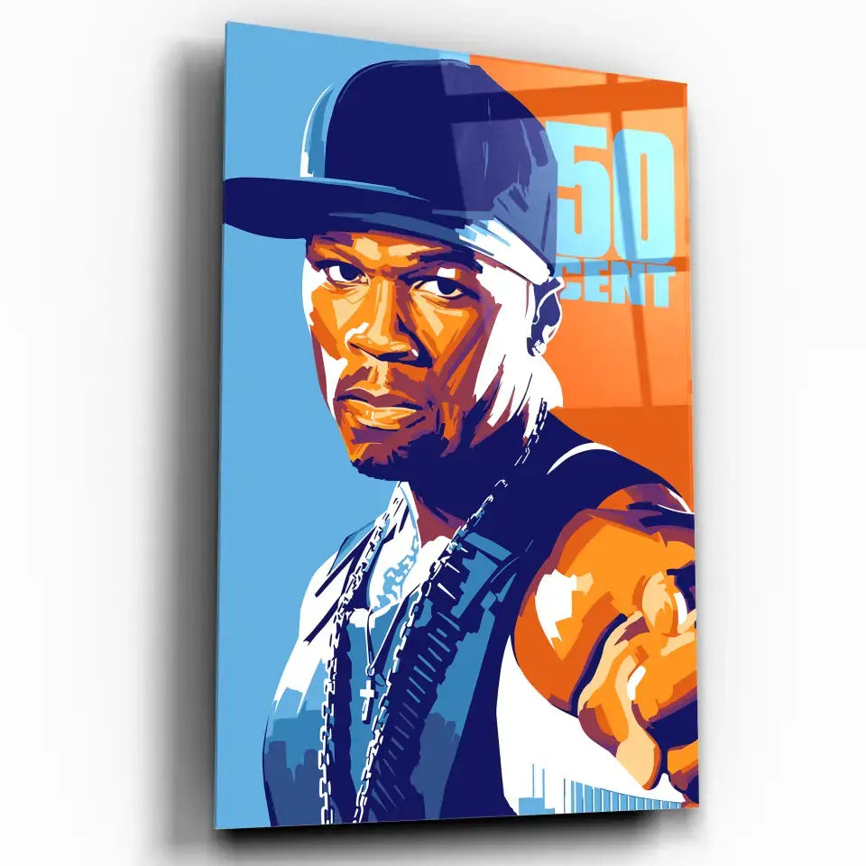 Tableau Décoratif 50Cent en verre acrylique, vue inclinée sur fond blanc