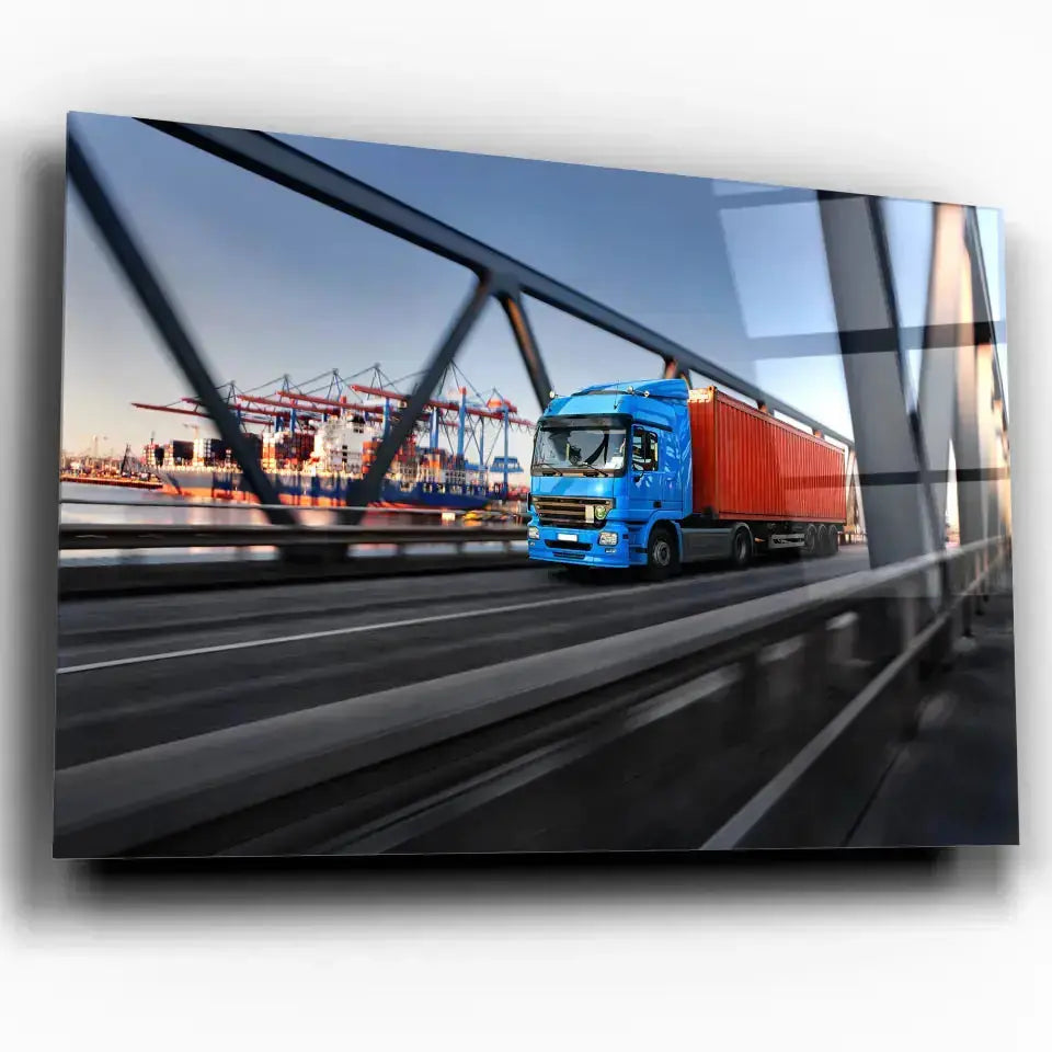 Tableau Décoratif camion remorque en verre acrylique, vue inclinée sur fond blanc