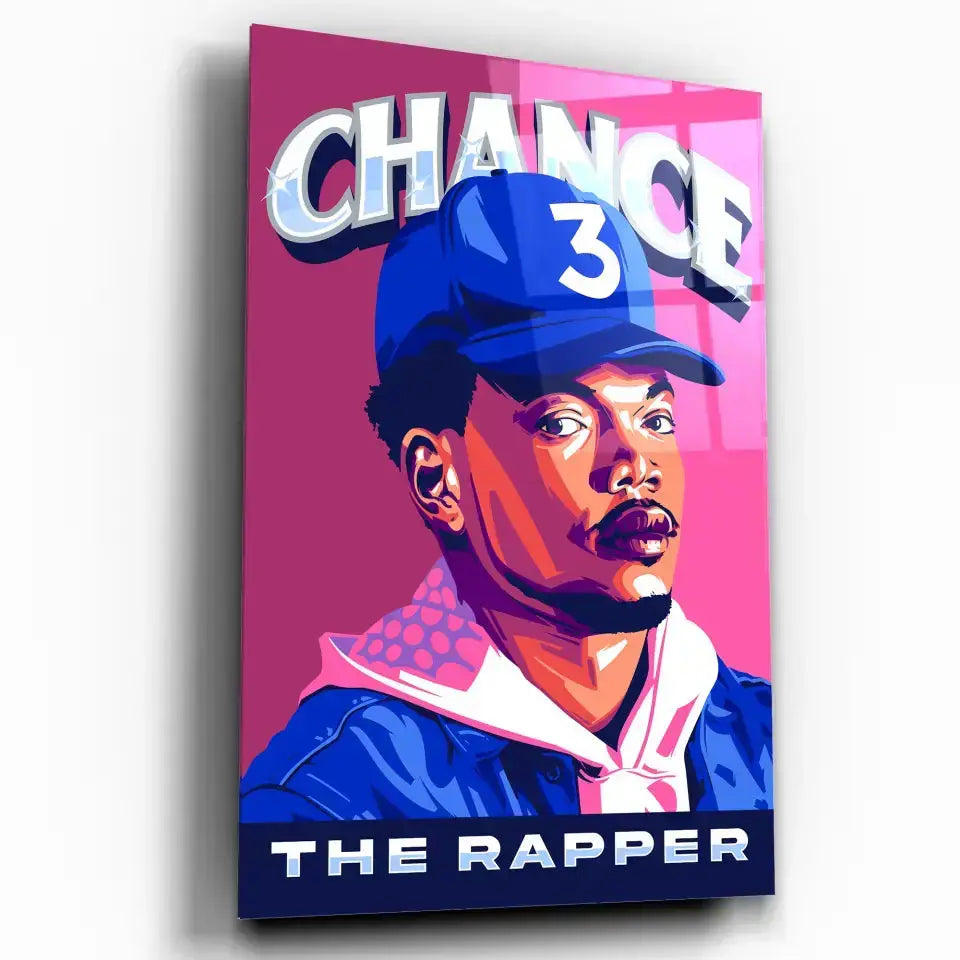 Tableau Décoratif Chance The Rapper en verre acrylique, vue inclinée sur fond blanc