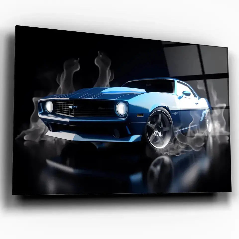 Tableau Décoratif Chevrolet Camaro 1969 en verre acrylique, vue inclinée sur fond blanc