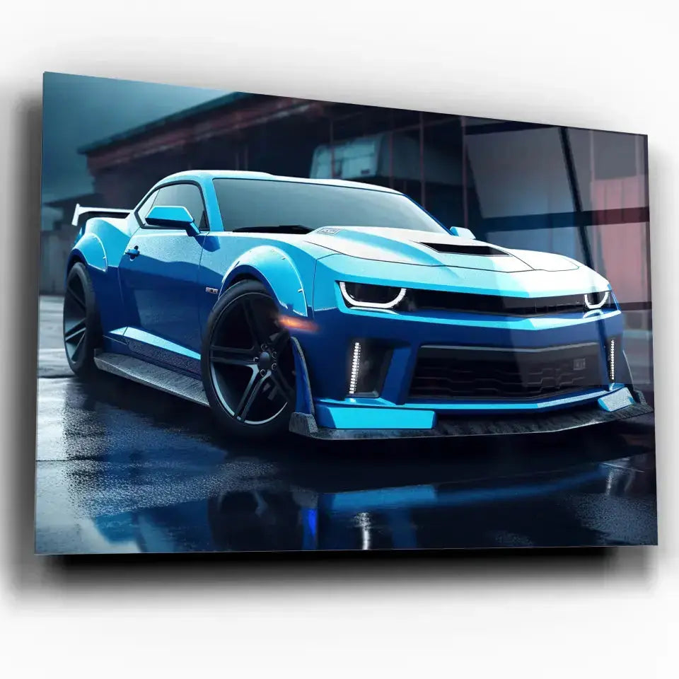 Tableau Décoratif Chevrolet Camaro SS en verre acrylique, vue inclinée sur fond blanc