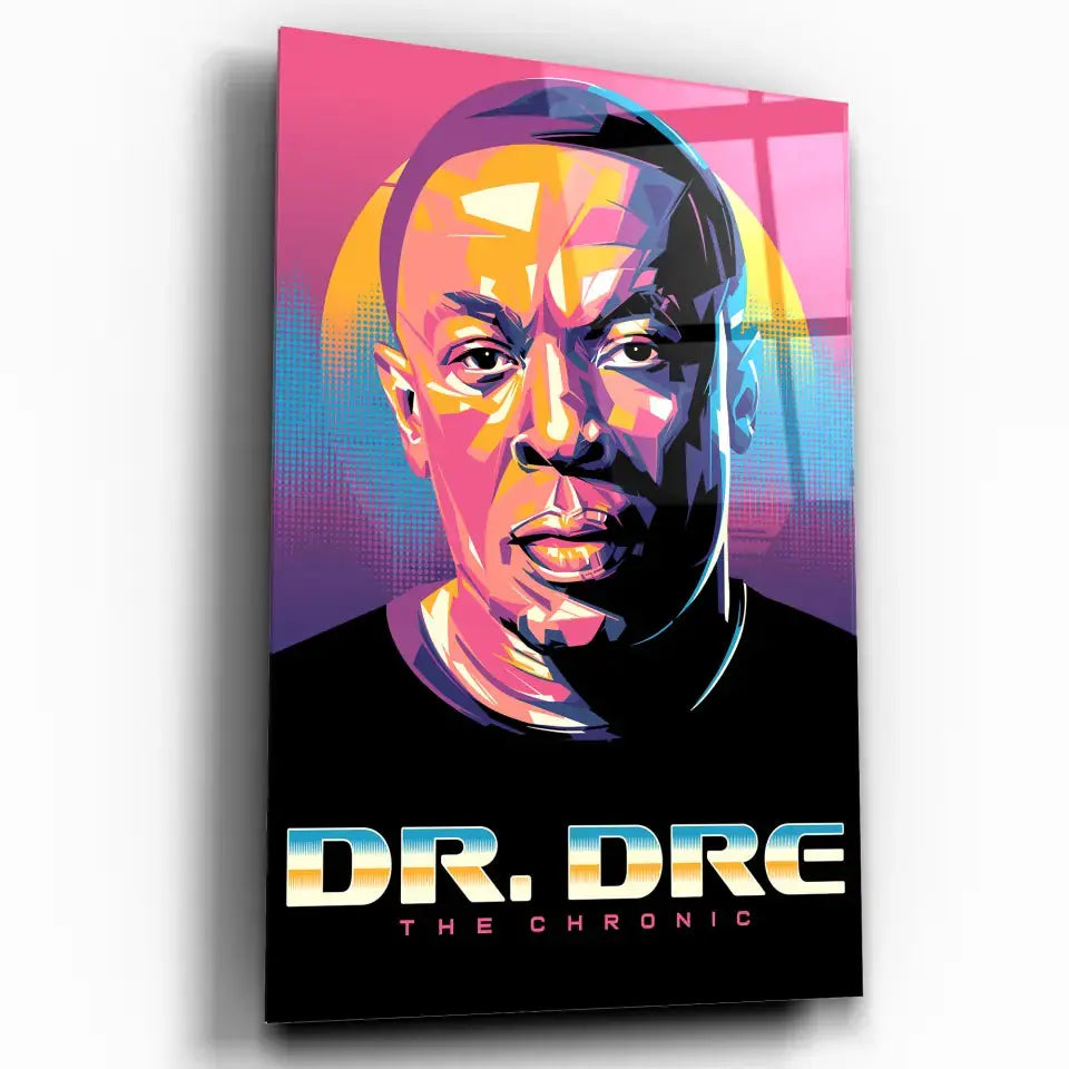 Tableau Décoratif Dr Dre en verre acrylique, vue inclinée sur fond blanc