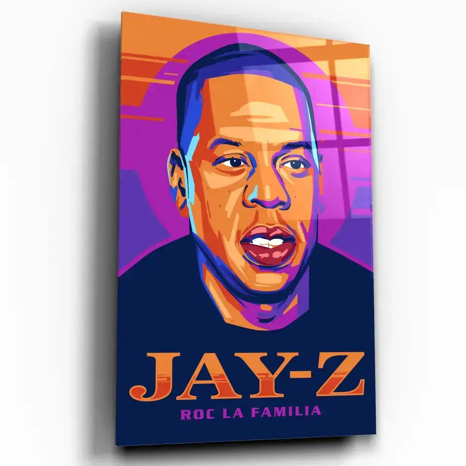 Tableau Décoratif Jay-Z en verre acrylique, vue inclinée sur fond blanc