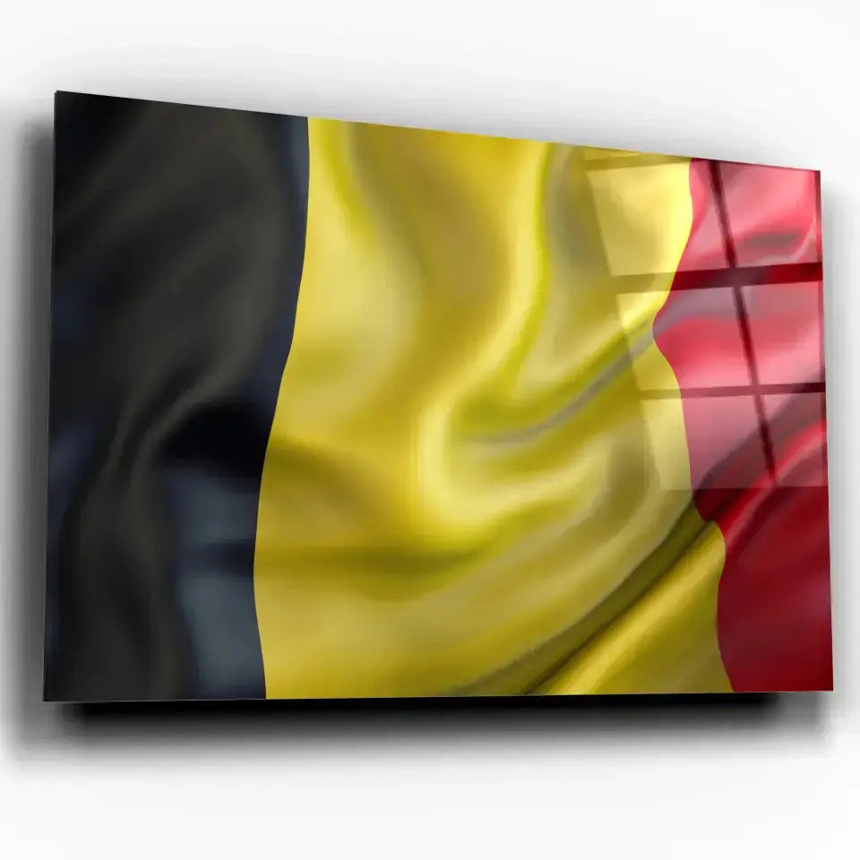 Tableau Drapeau Belgique en verre acrylique, vue inclinée sur fond blanc
