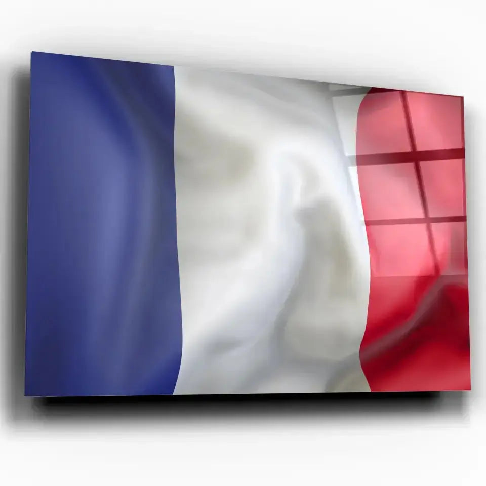 Tableau Drapeau France en verre acrylique, vue inclinée sur fond blanc