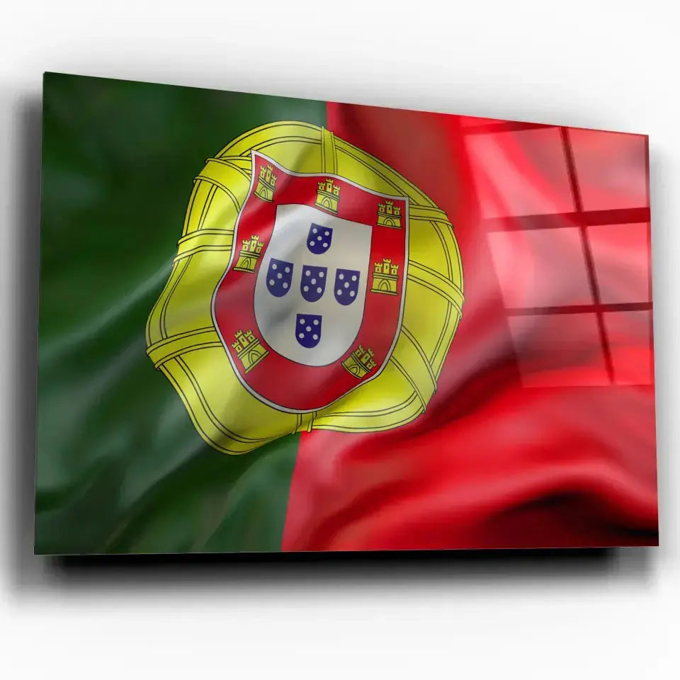 Tableau Drapeau Portugal en verre acrylique, vue inclinée sur fond blanc