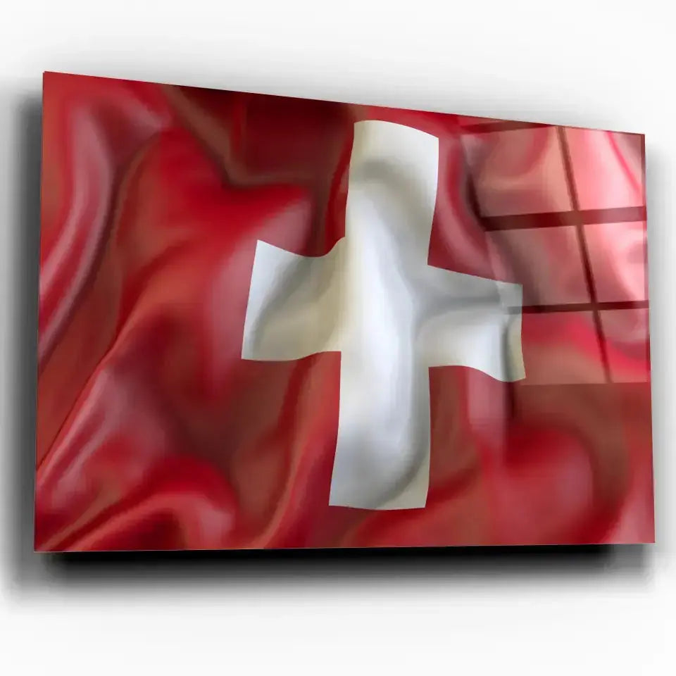 Tableau Drapeau Suisse en verre acrylique, vue inclinée sur fond blanc