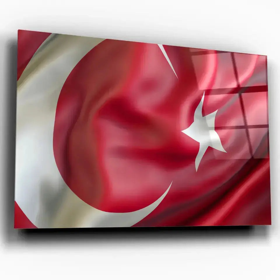 Tableau Drapeau Turquie en verre acrylique, vue inclinée sur fond blanc