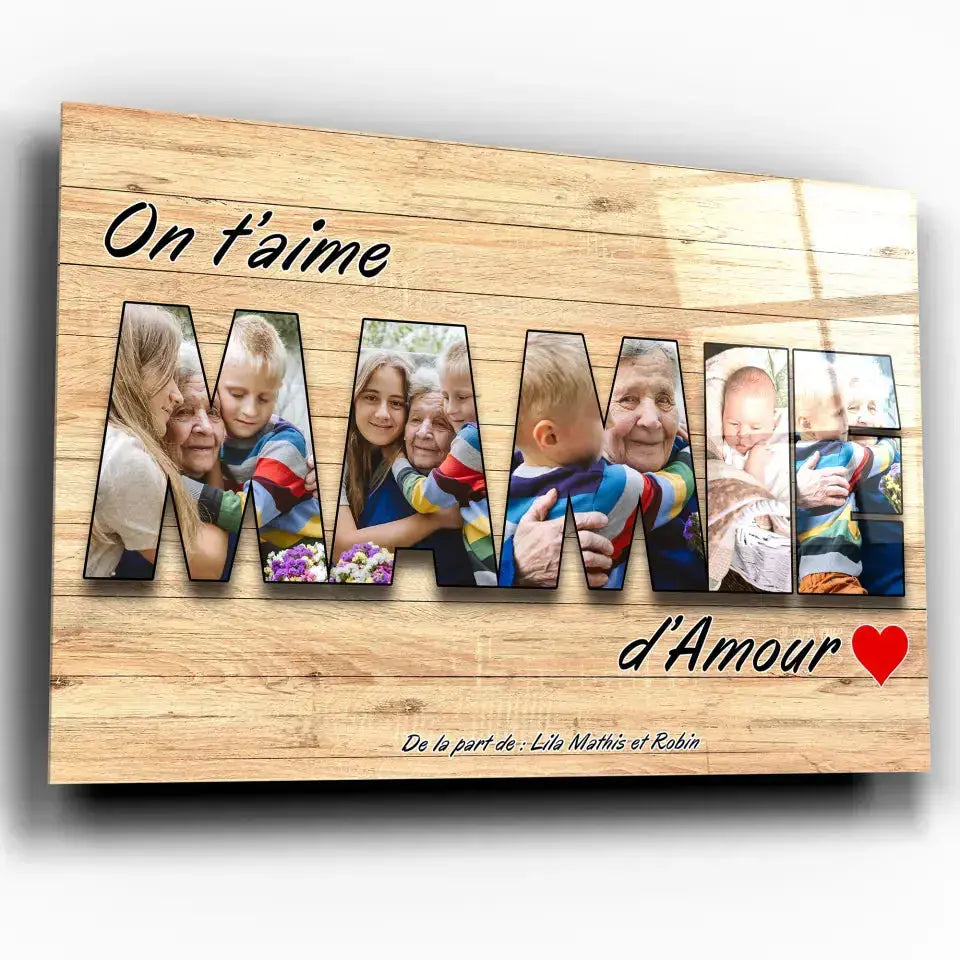 Tableau famille personnalisé lettres MAMIE photo, exemple de variante, gros plan incliné