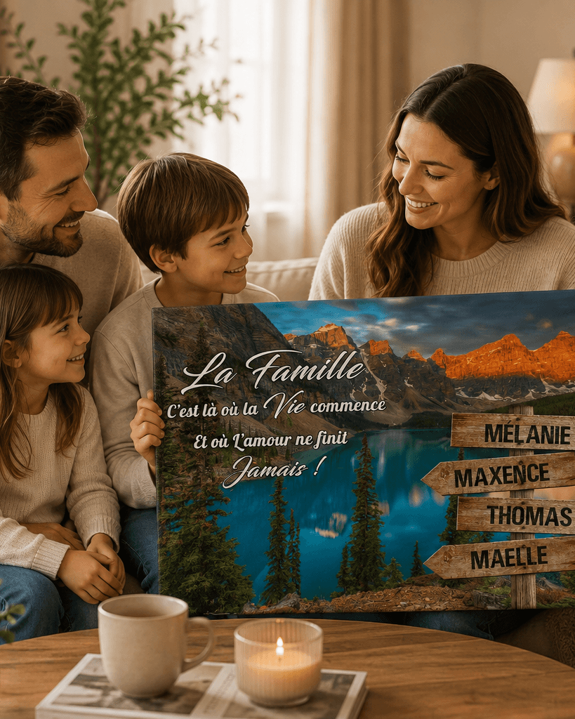 Parents et enfants tenant un tableau famille personnalisé « La Famille » dans un salon