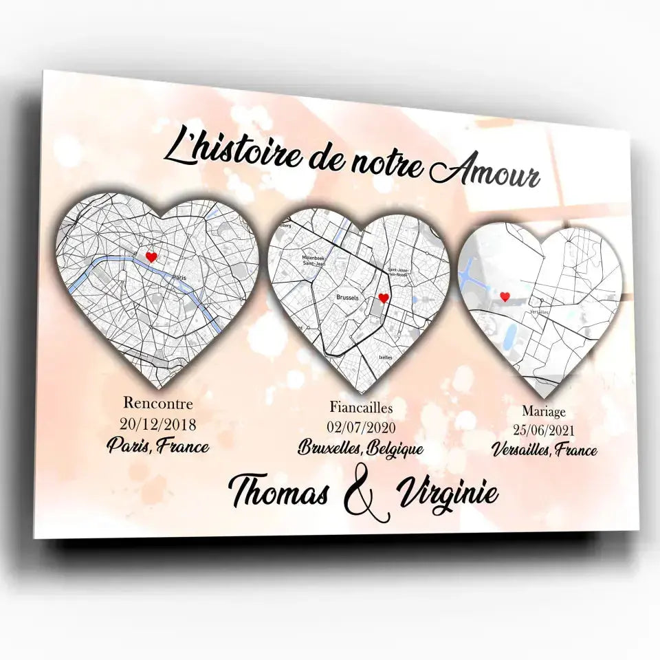 Tableau Lieu de Rencontre personnalisé histoire de notre amour, exemple avec prénoms différents