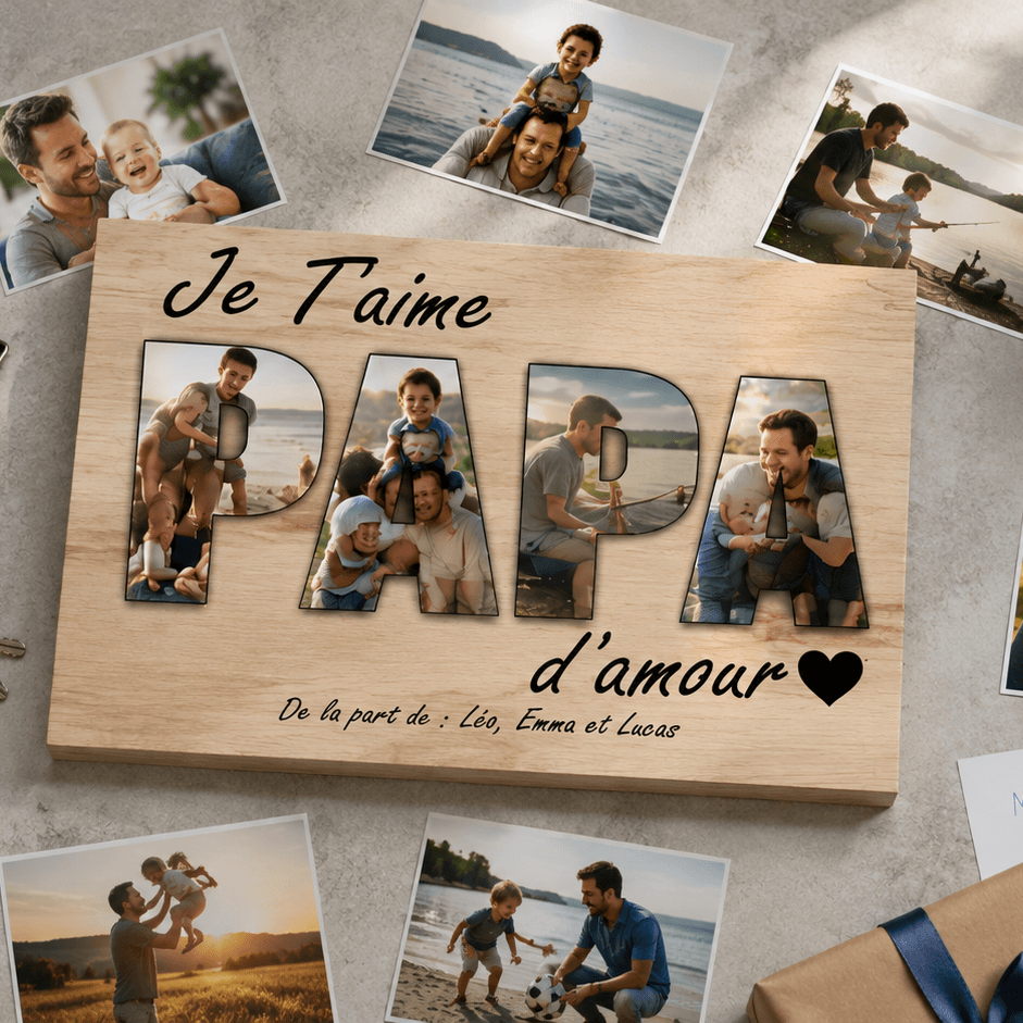 Tableau lettres photos « Je t'aime Papa » en bois, composé de photos de famille, posé sur une table