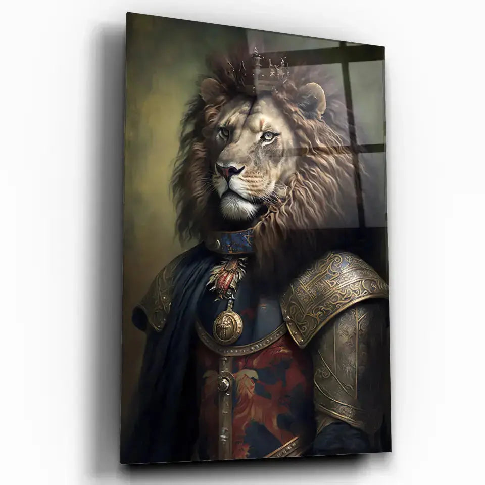 Tableau Lion avec Couronne et Armure Médiévale en verre acrylique, vue inclinée sur fond blanc