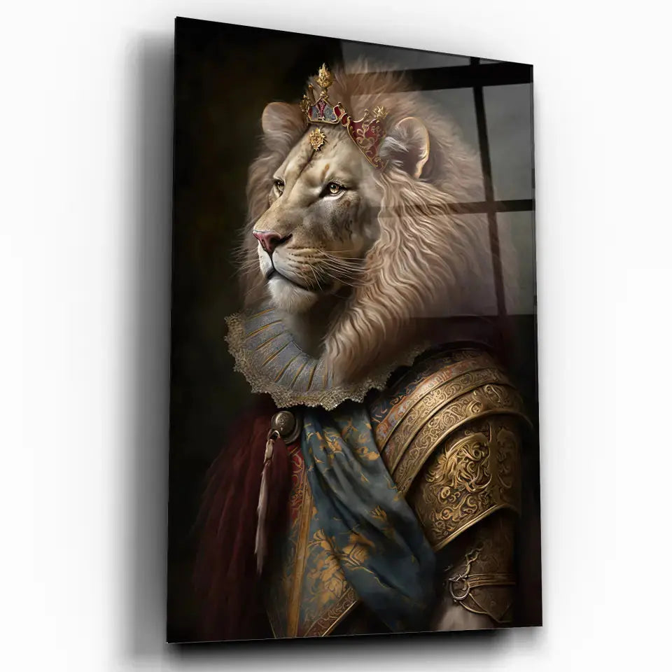 Tableau Lion Couronné en Habit Royal en verre acrylique, vue inclinée sur fond blanc