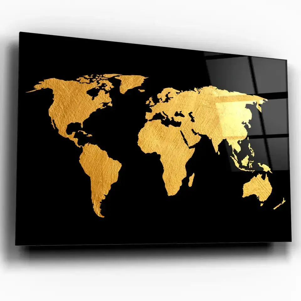 Tableau Décoratif Map Monde Fond Noir en verre acrylique, vue inclinée sur fond blanc