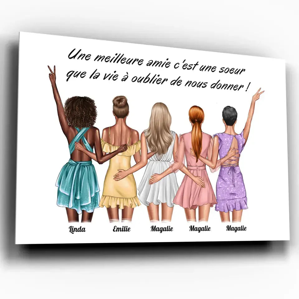 Tableau personnages groupe de copines personnalisé, exemple avec prénoms différents, gros plan incliné