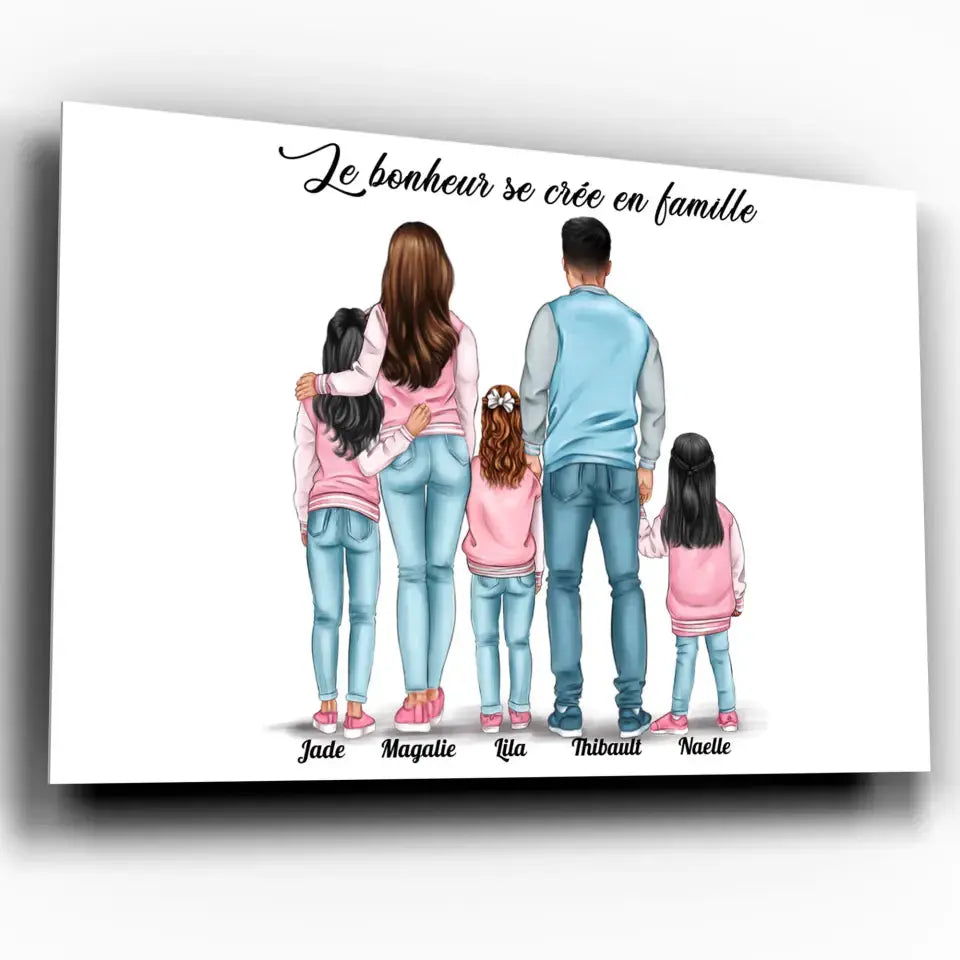 Tableau personnages famille personnalisé (3 enfants), exemple avec prénoms différents, gros plan incliné