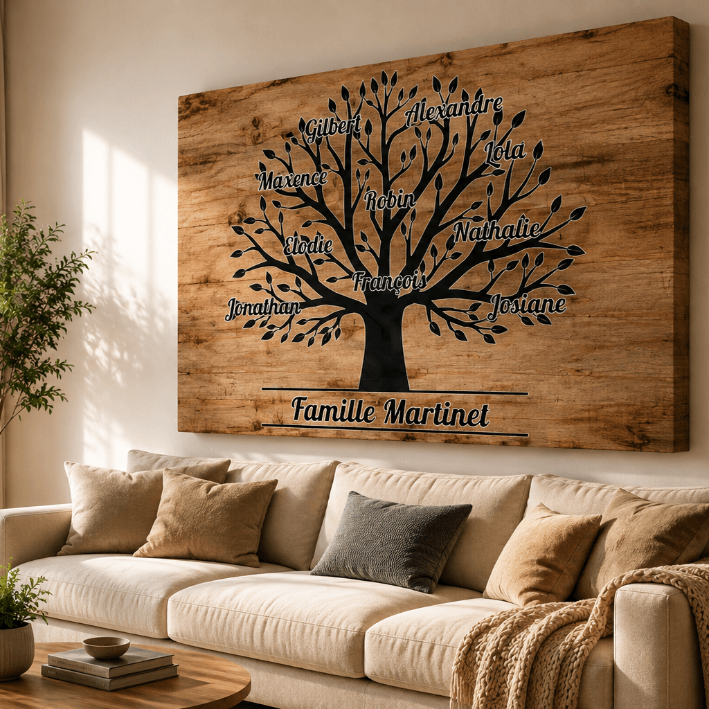Tableau prénoms arbre de vie sur bois accroché au-dessus d'un canapé dans un salon lumineux