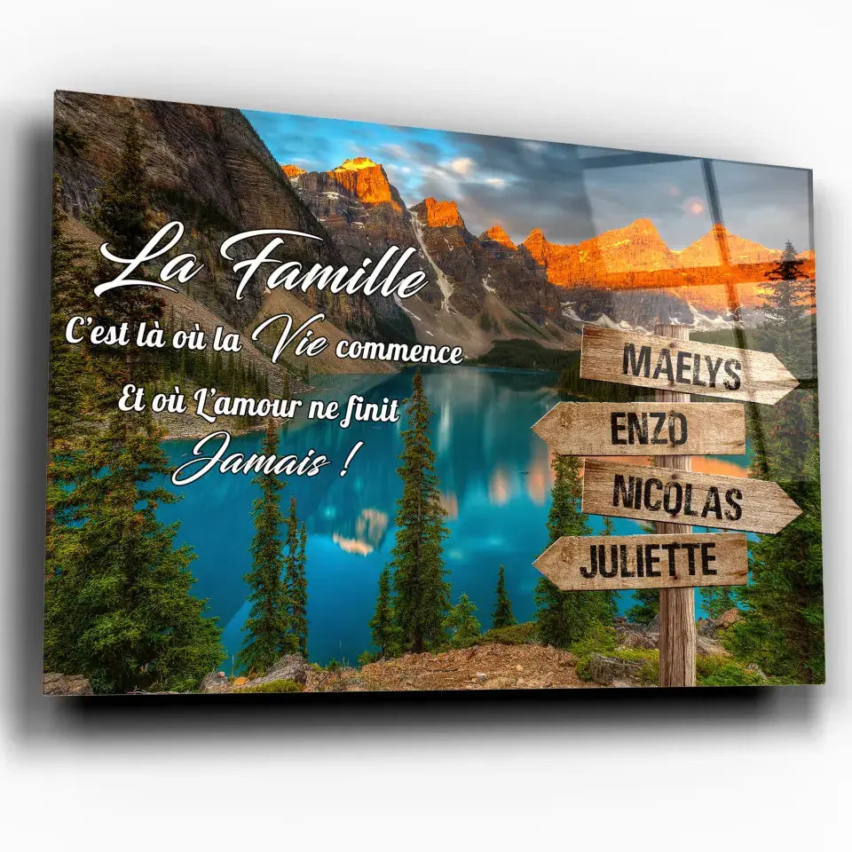 Tableau prénoms personnalisé Lac bleuté, toile inclinée gros plan, cadeau de famille