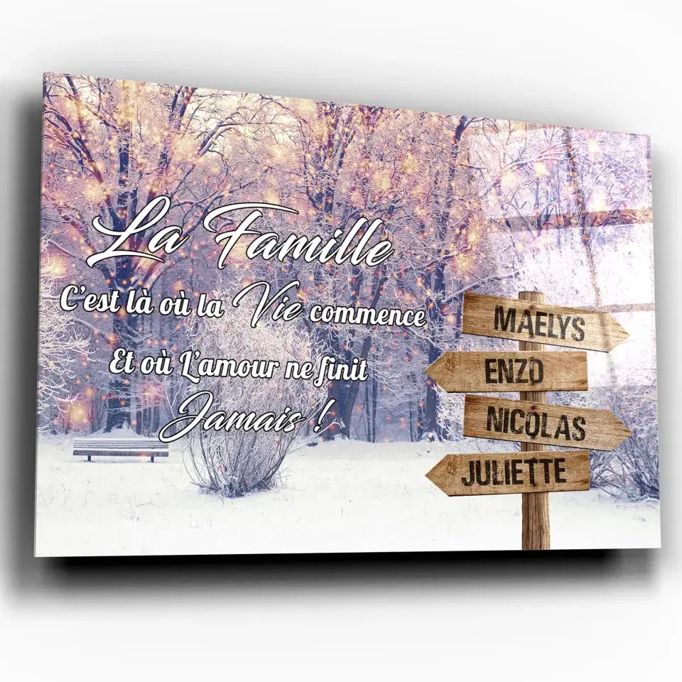 Tableau prénoms personnalisé paysage enneigé, toile inclinée gros plan, cadeau de famille