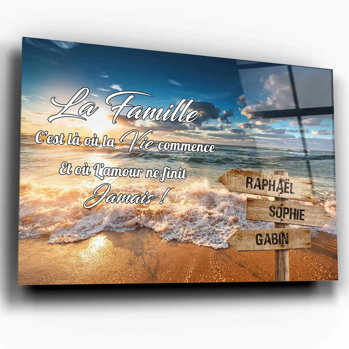 Tableau prénoms personnalisé plage et coucher de soleil, toile inclinée gros plan, cadeau de famille