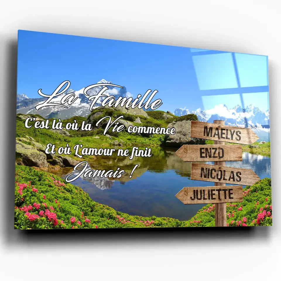 Tableau prénoms personnalisé plaine et montagne, toile inclinée gros plan, cadeau de famille