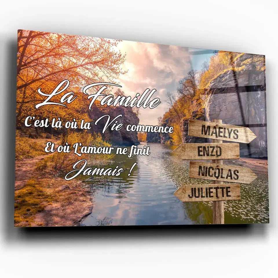 Tableau prénoms personnalisé rivière, toile inclinée gros plan, cadeau de famille