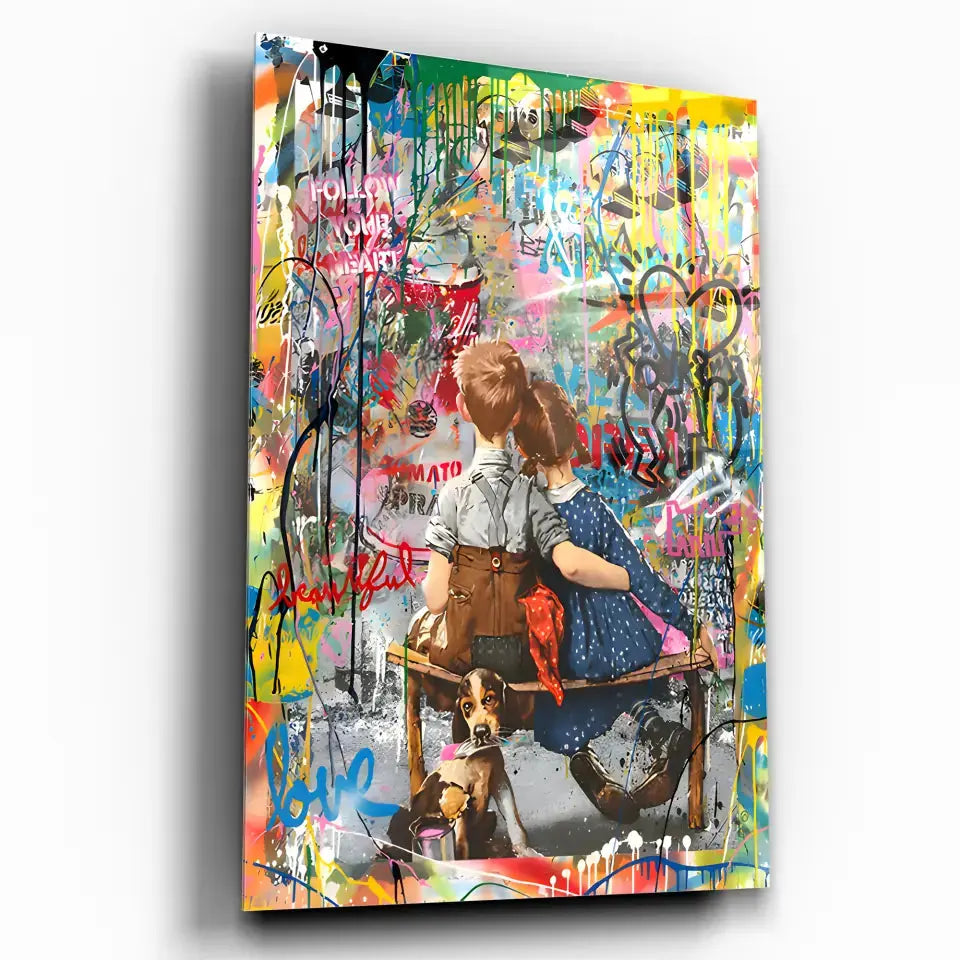 Tableau Street Art Complicité Urbaine en verre acrylique, vue inclinée sur fond blanc