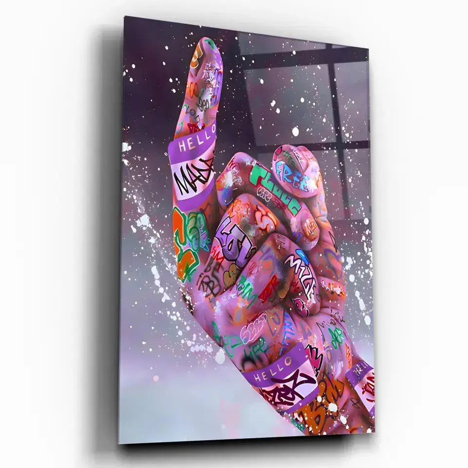 Tableau Street Art Défi Urbain en verre acrylique, vue inclinée sur fond blanc