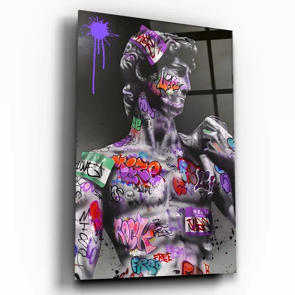Tableau Street Art Héritage Urbain en verre acrylique, vue inclinée sur fond blanc