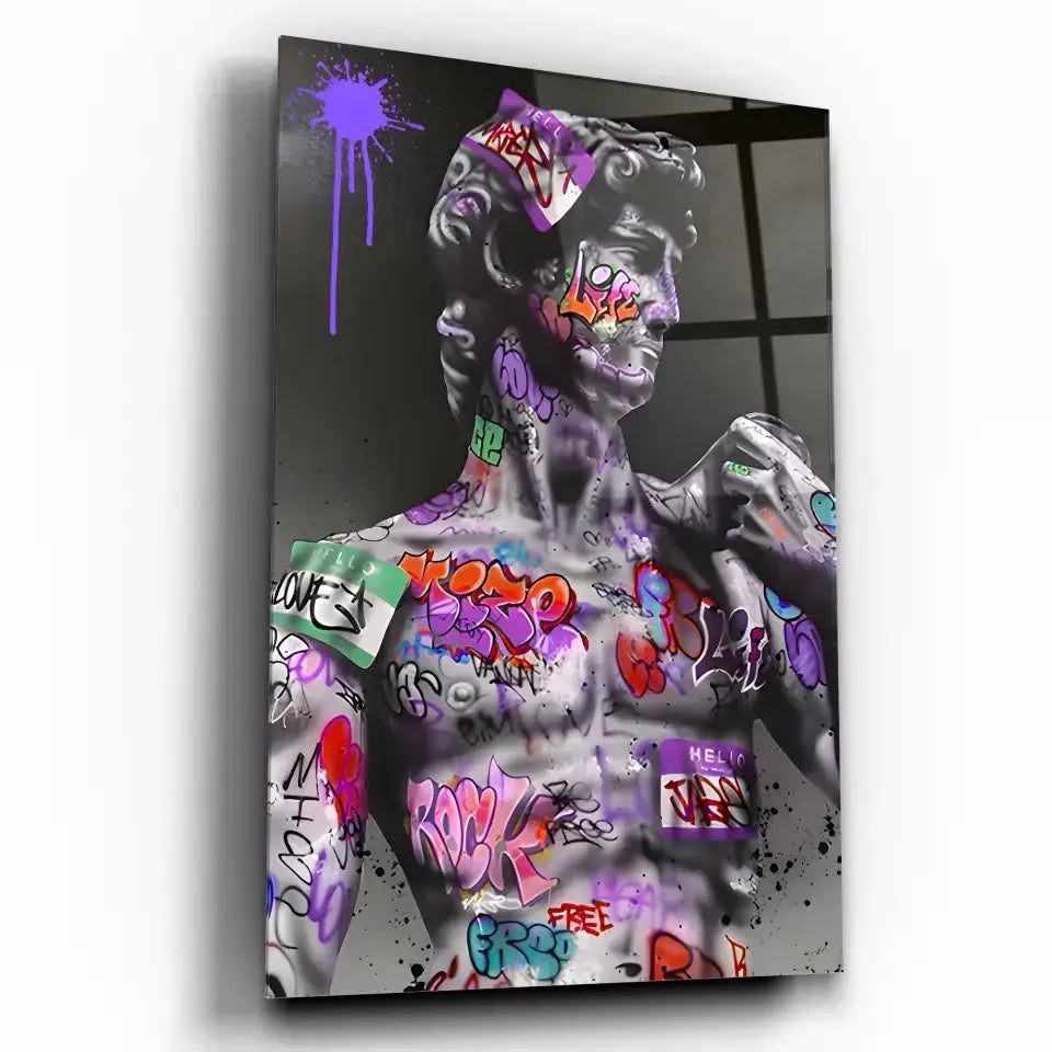 Tableau Street Art Héritage Urbain en verre acrylique, vue inclinée sur fond blanc