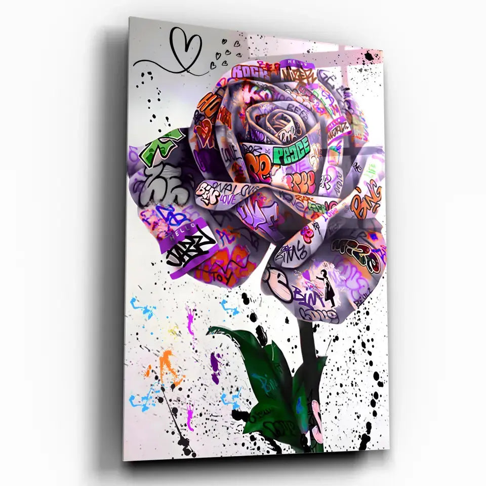 Tableau Street Art Rose Urbaine en verre acrylique, vue inclinée sur fond blanc
